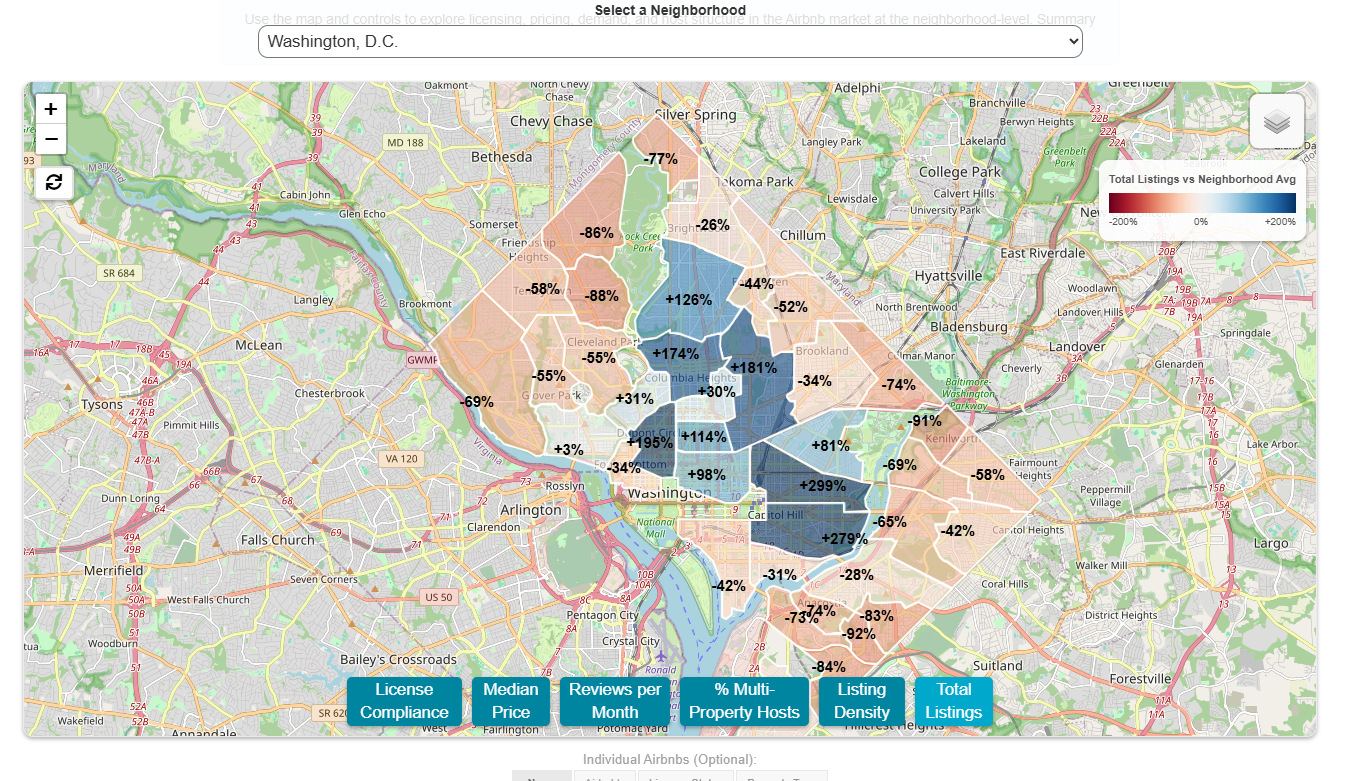 Choropleth map showing total Airbnb listings by neighborhood in Washington, D.C., relative to the average