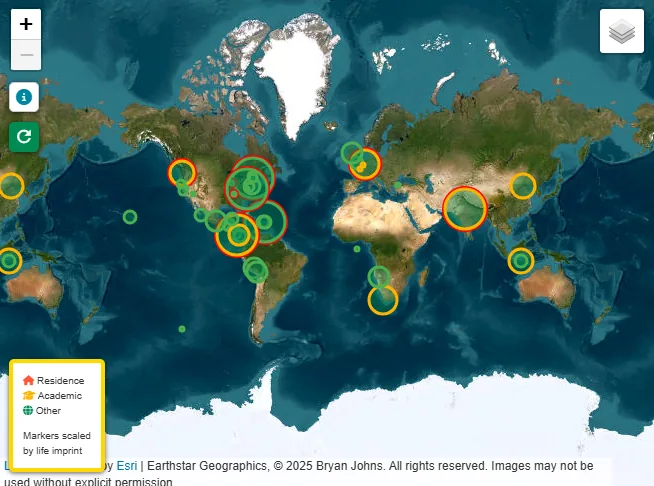 Interactive Leaflet map showing travel waypoints, routes, and photo markers across multiple continents