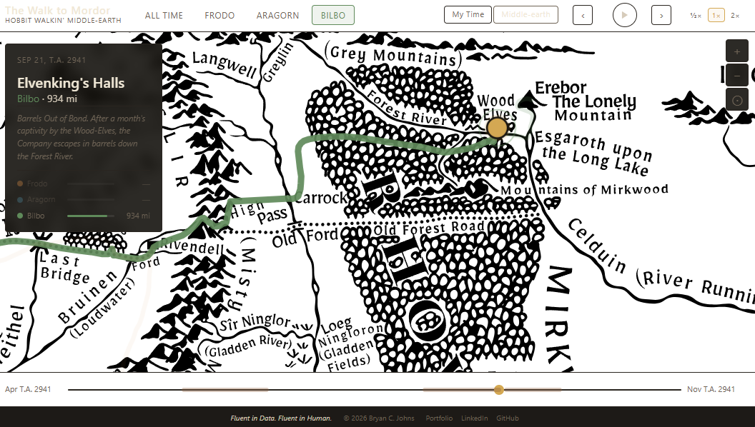 Interactive map view showing Bilbo's route through Mirkwood toward the Lonely Mountain with the Middle-earth Time slider showing September T.A. 2941