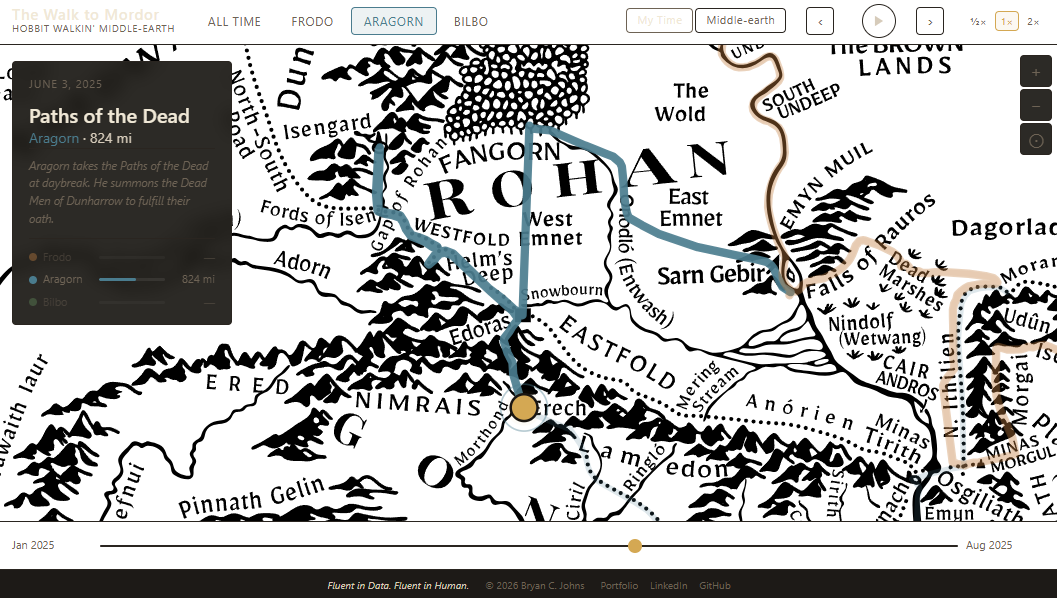 Interactive map view showing Aragorn's route through Rohan with the info panel displaying 'Paths of the Dead' and cumulative mileage of 824 miles
