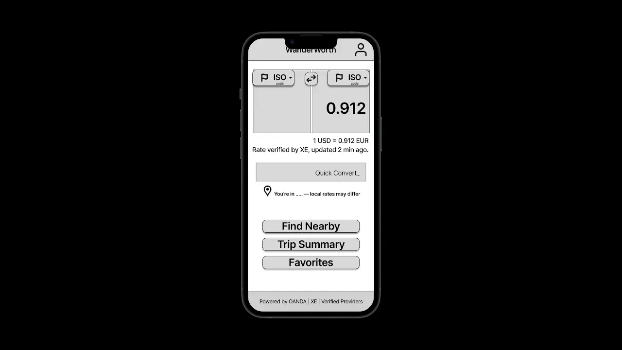 Low-fidelity connected wireframes showing early navigation flow and task steps for a currency exchange travel app.